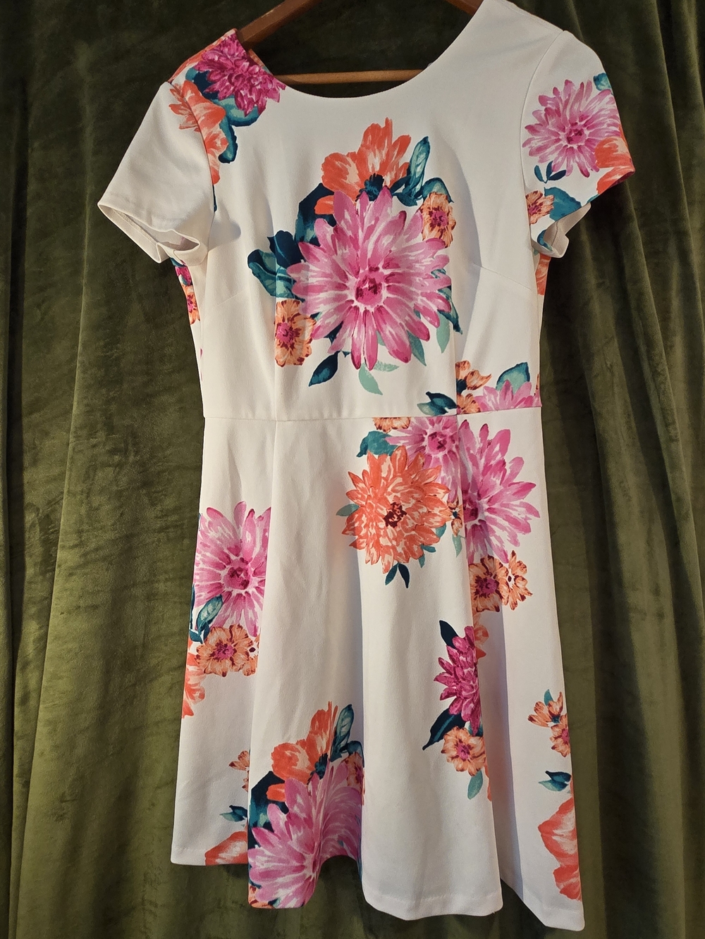 Floral Fit & Flare Dress in White with Pink & Coral Blooms